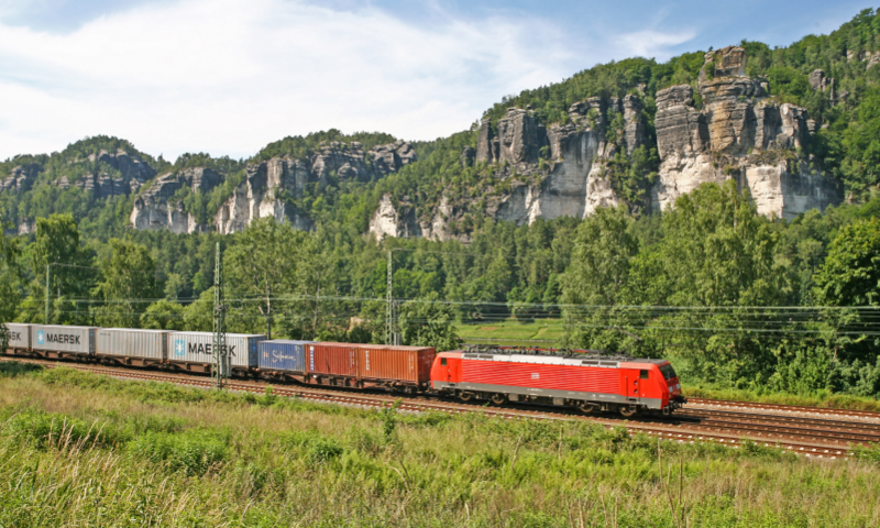 Red freight train passes through a wild meadow on a sunny day, in front of the Elbe Sandstone Mountains of Saxon Switzerland. 