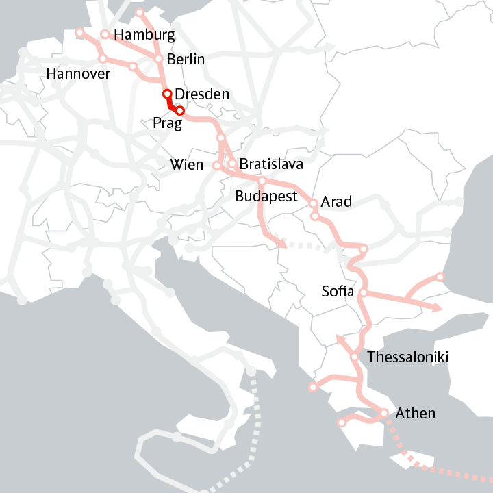 Schematic map of Europe in white and grey. A pale red line shows the railway lines of the Orient/East Med corridor of the Trans-European Transport Network from the North Sea to the Mediterranean. A clear red line highlights the Dresden - Prague section.