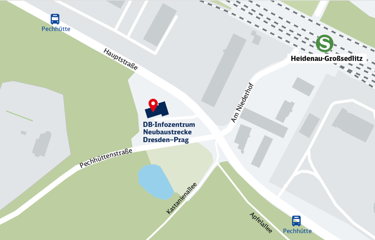 Schematic map shows the DB Info centre in Heidenau with streets, buildings and S-Bahn train stop nearby.