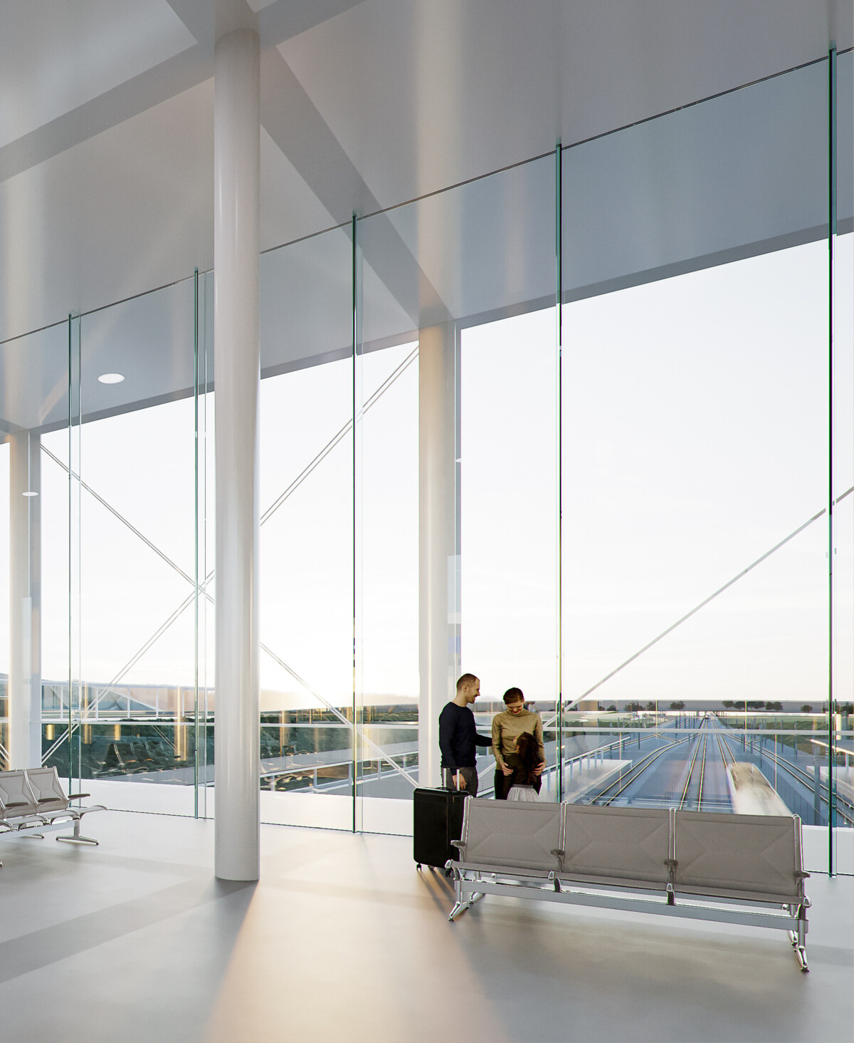 In this visualisation, two people interact in a waiting area of the future rapid train station in Roudnice nad Labem, Czechia, in front of a large window with a view down to the platform tracks. 