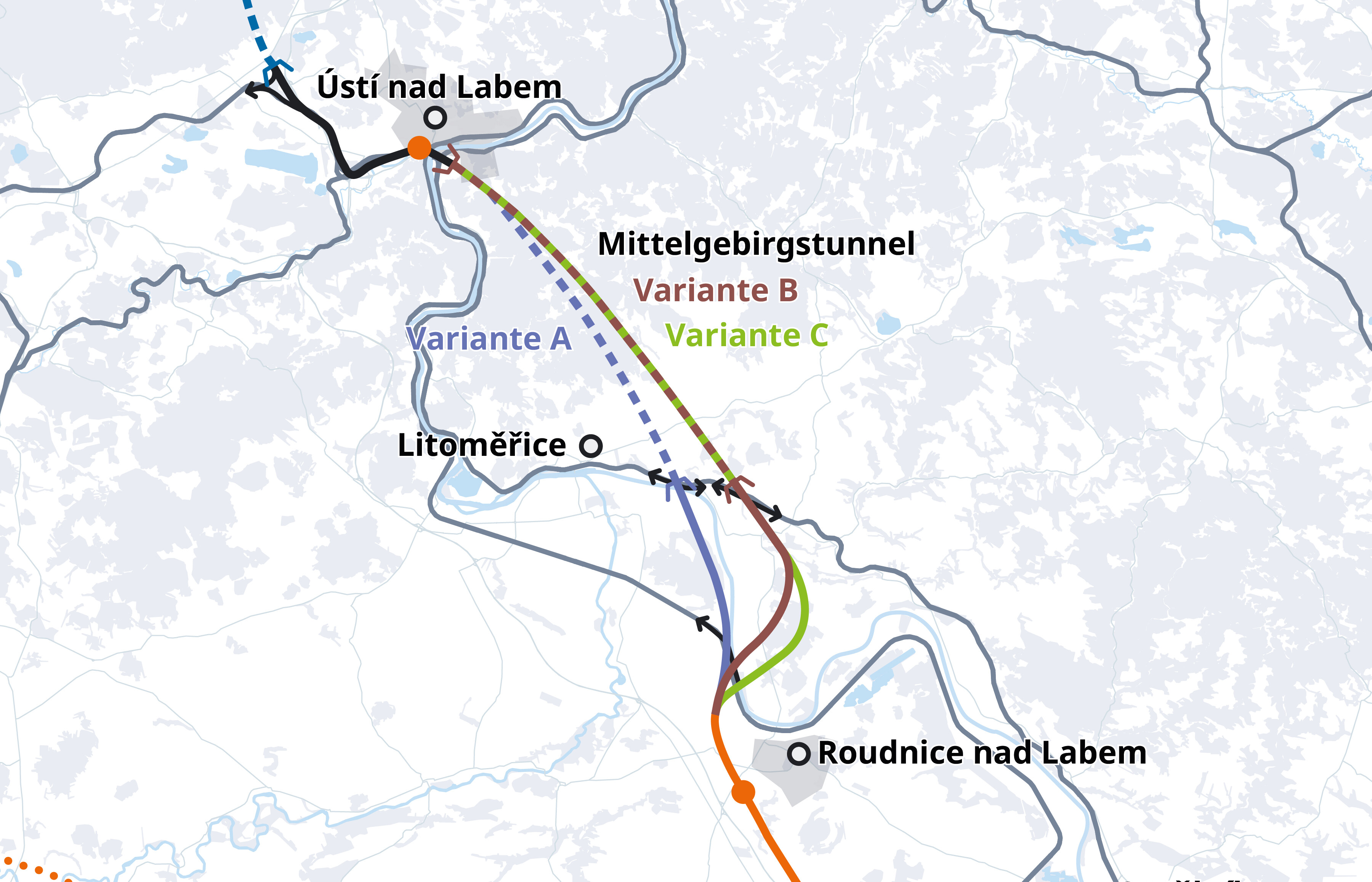 Drei Optionen für den Streckenverlauf auf tschechischer Seite